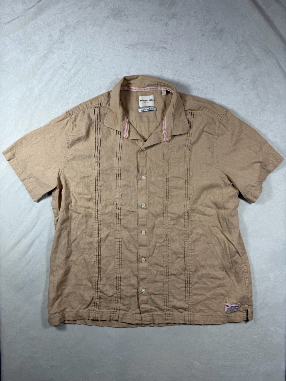 Scotch & Soda Men's XXL Linen Blend Short-Sleeve Button-Down Shirt in Beige